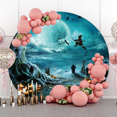 Dunkel Blau Wald Halloween Kürbisse Mond Nacht Backdorp