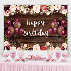 Blumen Und Funkeln Luftballons Braun Holz Geburtstag Hintergrund