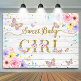 Lofaris Floral And Purple Glitter Butterfly Baby Shower Backdrop