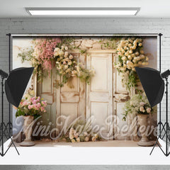 Blumen Schäbig Hölzern Tür Ziegel Wand Frühling Hintergrund
