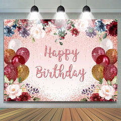 Funkeln Luftballons Und Blumen Glücklich Geburtstag Hintergrund