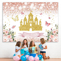 Funkeln Rosa Und Golden Schloss Blumen Geburtstag Hintergrund