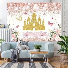 Funkeln Rosa Und Golden Schloss Blumen Geburtstag Hintergrund