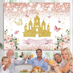 Funkeln Rosa Und Golden Schloss Blumen Geburtstag Hintergrund