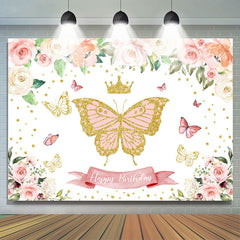 Funkeln Rosa Schmetterling Blumen Glücklich Geburtstag Hintergrund