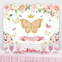Funkeln Rosa Schmetterling Blumen Glücklich Geburtstag Hintergrund