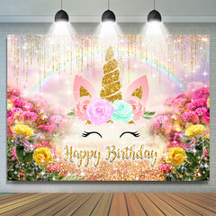 Gold Funkeln Und Blumen Einhorn Glücklich Geburtstag Hintergrund