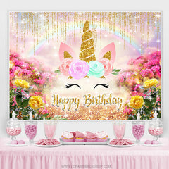 Gold Funkeln Und Blumen Einhorn Glücklich Geburtstag Hintergrund