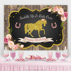 Gold Funkeln Pferd Rosa Blumen Glücklich Geburtstag Hintergrund