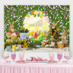 Grün Blumen Tür Mit Niedlich Kaninchen Glücklich Ostern Hintergrund