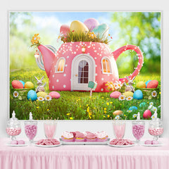 Grün Gras Und Rosa Teekanne Glücklich Ostern Tag Hintergrund