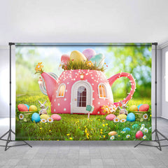 Grün Gras Und Rosa Teekanne Glücklich Ostern Tag Hintergrund