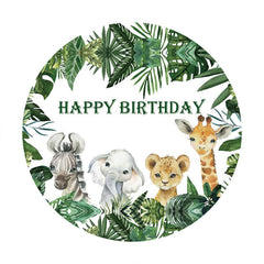 Grün Blätter Und Tiere Runden Kinder Geburtstag Hintergrund
