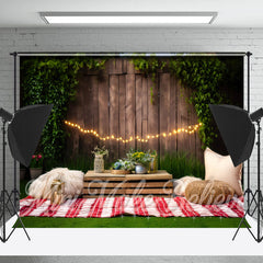 Grün Blätter Holz Zaun Gras Picknick Foto Hintergrund