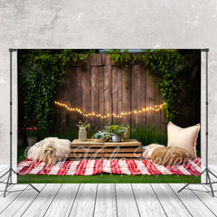 Grün Blätter Holz Zaun Gras Picknick Foto Hintergrund