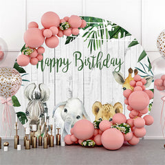 Grüne Blätter Und Tiere Runden Glücklich Geburtstag Hintergrund