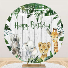 Grüne Blätter Und Tiere Runden Glücklich Geburtstag Hintergrund