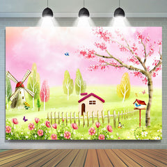 Haus Windmühle Rosa Wolke Blumen Frühling Hintergrund