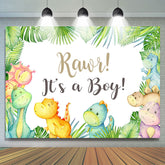 Es ist A Baby Dinosaurier Grün Blätter Karikatur Hintergrund für babydusche