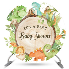 Es ist A Junge Grün Blätter Dinosaurier Runden Baby Dusche Hintergrund