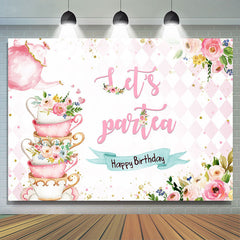Lasst uns Teil Rosa Teekanne Und Blumen Geburtstag Hintergrund