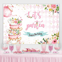 Lasst uns Teil Rosa Teekanne Und Blumen Geburtstag Hintergrund