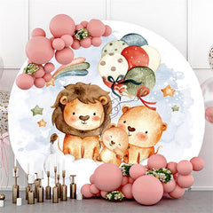 Löwe Und Teddy Tragen Runden Ballon Baby Dusche Hintergrund