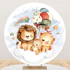 Löwe Und Teddy Tragen Runden Ballon Baby Dusche Hintergrund