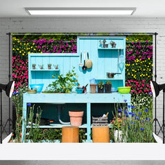 Wenig Blumen Blau Hölzern Schreibtisch Frühling Hintergrund