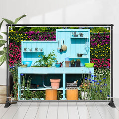 Wenig Blumen Blau Hölzern Schreibtisch Frühling Hintergrund