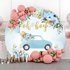 Oh Junge Blumen Auto Blau Runden Babydusche Hintergrund