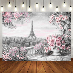 Ölgemälde Eiffelturm mit rosa Blumen Rosen Hintergrund