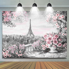 Ölgemälde Eiffelturm mit rosa Blumen Rosen Hintergrund