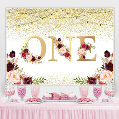 Eins Blumen Gold Funkeln Beleuchtung Erste Geburtstag Hintergrund
