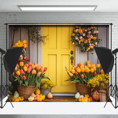 Orange Farbe Blumen Holz Tür Eier Ostern Hintergrund