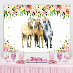 Rosa Und Gelb Blumen Und Drei Pferd Party Hintergrund