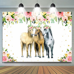 Rosa Und Gelb Blumen Und Drei Pferd Party Hintergrund