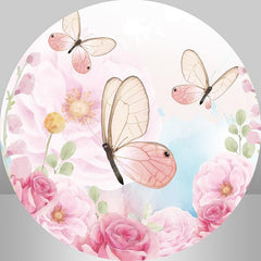 Rosa Schmetterling Und Blumen Runden Mädchen Geburtstag Hintergrund
