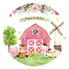 Rosa Bauernhaus Und Tiere Runden Glücklich Geburtstag Hintergrund