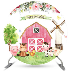Rosa Bauernhaus Und Tiere Runden Glücklich Geburtstag Hintergrund