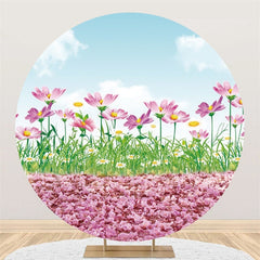 Rosa Blumen Und Blau Himmel Runden Baby Dusche Hintergrund