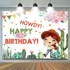 Rosa Blumen Und Kaktus Hallo Geburtstag Hintergrund Für Cowgirl