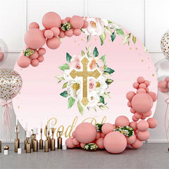 Rosa Blumen Und Gold Gott Segnen Runden Baby Dusche Hintergrund