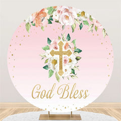 Rosa Blumen Und Gold Gott Segnen Runden Baby Dusche Hintergrund