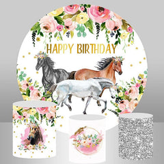 Rosa Blumen Und Pferd Runden Glücklich Geburtstag Hintergrund