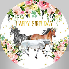 Rosa Blumen Und Pferd Runden Glücklich Geburtstag Hintergrund