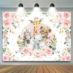Rosa Blumen Und Safari Tiere Babydusche Hintergrund
