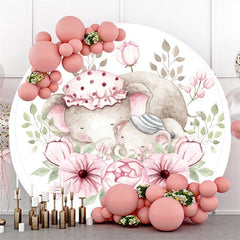 Rosa Blumen Und Schläfrig Elefant Runden Baby Dusche Hintergrund