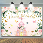 Rosa Blumen Schmetterling Schloss Glücklich Geburtstag Hintergrund