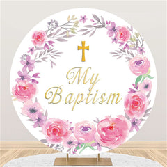 Rosa Blumen Gold Mein Taufe Runden Babydusche Hintergrund